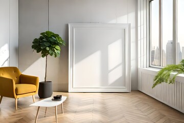 White frame mockup in modern interior with plant in trendy vase on white wall background, Template for artwork, painting, photo or poster