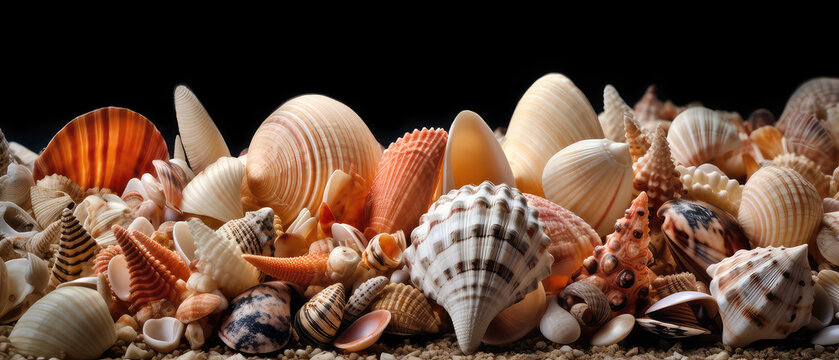 A background of shells, lots of amazing shells, corals and starfish on a black background. Generative AI