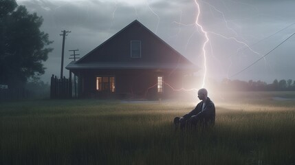 a person sitting on the ground, realistic depiction of light, rural america, lightning wave, made of mist, 8k resolution, lit person, superpower, person sitting on a bench in the fog, Generative AI