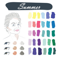Stock vector seasonal color analysis palette with best colors for summer type of appearance. Face of a smiling attractive beautiful elderly woman with gray hair