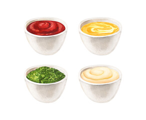 Watercolor delicious bowls with sauces. Hand-drawn illustration isolated on white background close-up. Perfect for menu cafe, restaurant, recipe book, cooking, barbecue