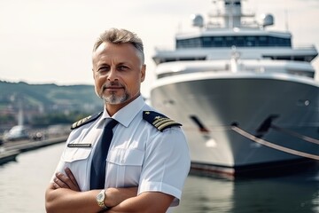 confident captain standing in front of a luxury yacht. The captain exudes a sense of professionalism and expertise, with the impressive yacht in the background. Generative AI - obrazy, fototapety, plakaty