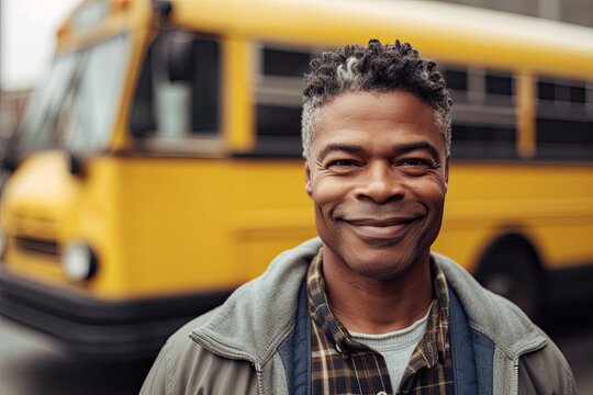 Driver of a school bus is seen standing in front of their vehicle, which is parked and waiting to transport students. Generative AI
