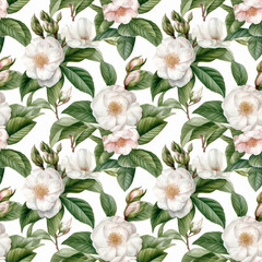 Fototapeta premium Seamless pattern with many white camellia flowers in watercolor style. Generative AI.