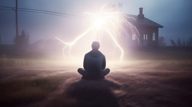 A Person Sitting On The Ground, Realistic Depiction Of Light, Rural America, Lightning Wave, Made Of Mist, 8k Resolution, Lit Person, Superpower, Generative AI