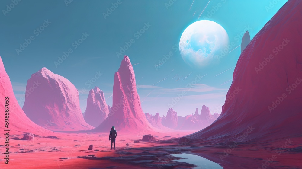 Poster an intrepid explorer on the surface of a distant planet with 3 moons and mountains in the distance, 