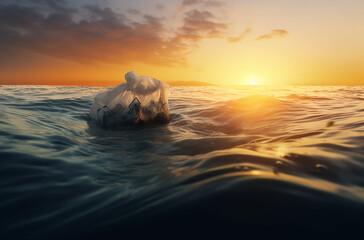Plastic bag floating in a ocean, water pollution concept, ai generative