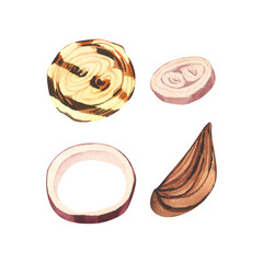 Watercolor delicious grilled onion rings. Hand-drawn illustration isolated on white background close-up. Perfect for menu cafe, restaurant, recipe book, cooking, barbecue