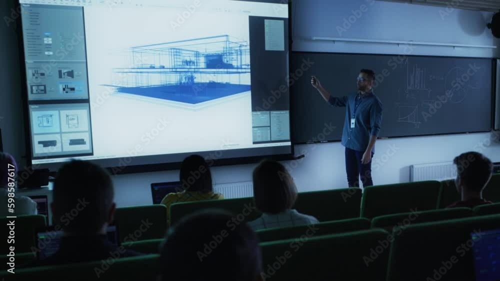 Leinwandbilder young university professor explaining an interior design styles lecture to a group of diverse multie