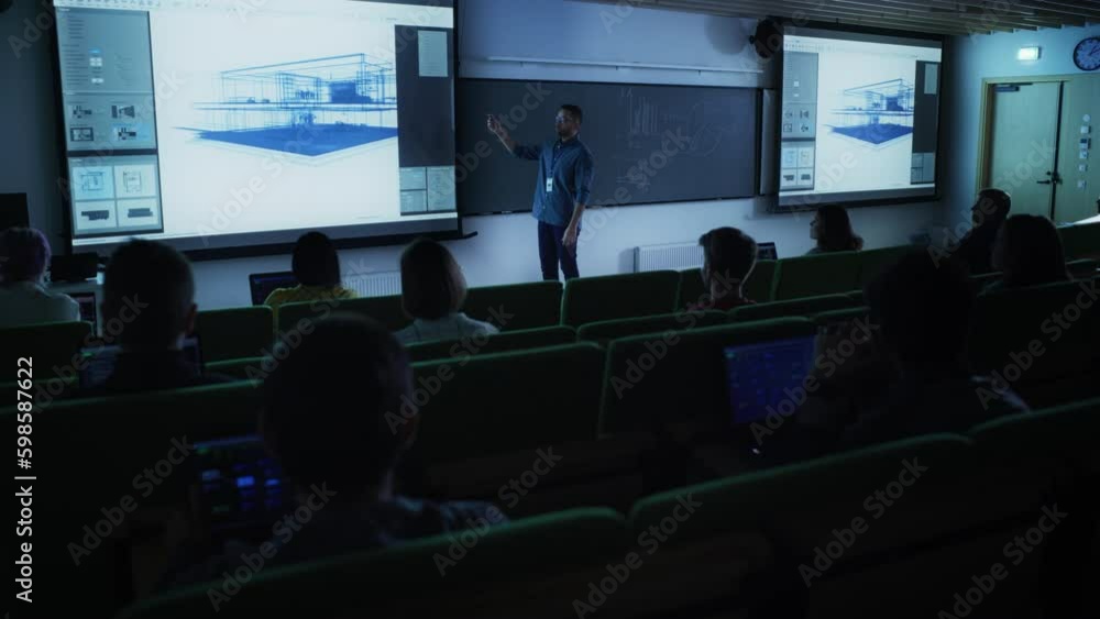 Poster young male lecturer giving an architectural engineering lecture to diverse multiethnic group of fema
