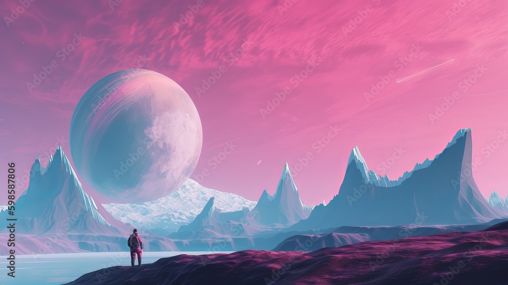 Aufkleber an intrepid explorer on the surface of a distant planet with 3 moons and mountains in the distance, 