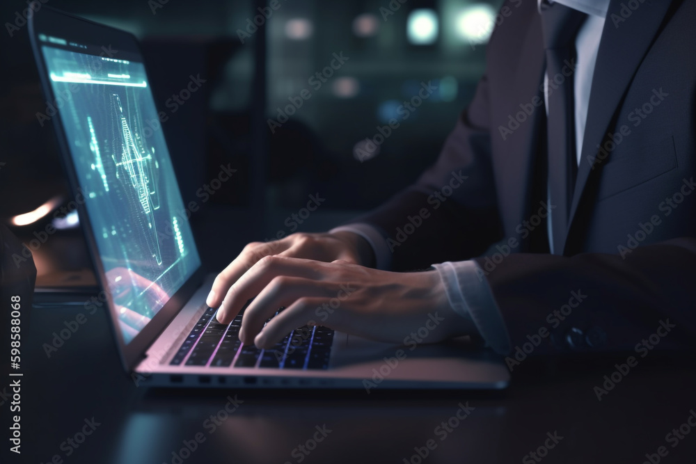 Poster businessman using laptop privacy and security of user data in the digital