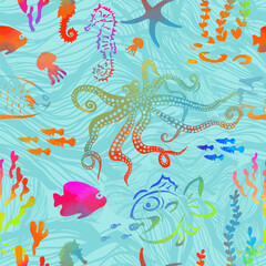 Cute summer sea seamless pattern with seaweed, shells and fish. Ocean life of a tropical reef - underwater inhabitants, starfish, shellfish and algae on a blue background