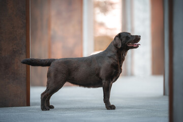 Beautiful chocolate brown labrador retriever dog standing in show breed stack among brown and grey...
