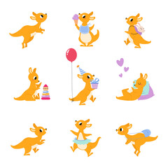 Cute Brown Baby Kangaroo Marsupial Character Sleeping and Playing Toys Vector Set © topvectors