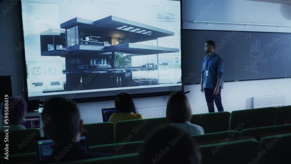 Poster Young University Professor Explaining the Principles of Modern Architecture to a Group of Diverse Multiethnic Students in a Dark Auditorium. Teacher Showing a Housing Project on Two Big Screens