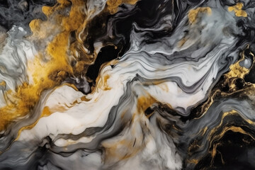 Abstract black, white and gold alcohol ink art background. Generative AI illustration