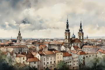 Watercolor depiction of Rzeszow's city skyline. Generative AI