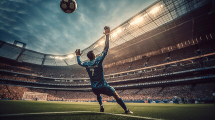 Fototapeta na wymiar Soccer goalkeeper dives to save a shot, but the ball goes past him and is about to enter the goal - ai generative