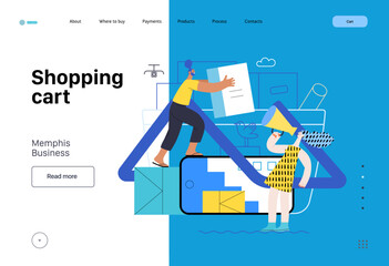 Memphis business illustration. Shopping cart -modern flat vector concept illustration of online shop - people placing boxes into the cart. Purchase cart and shopping process. Corporate business sales