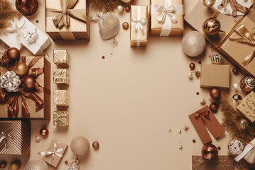 Elegant holiday banner with grid of gifts. Brown and white color scheme. Space for copy. Generative AI