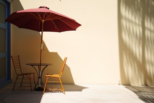 Vibrant cafe setting with table, chair, and sun umbrella, generative ai