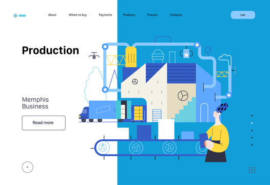 Memphis business illustration. Production -modern flat vector concept illustration of a big factory, warehouse, loading the track, a woman inventorying production. Corporate process metaphor.