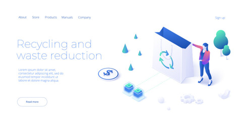 Woman with recyclable paper bag concept in isometric vector illustration. Green economy or sustainable eco friendly clothing. Web banner layout template