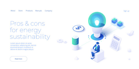 Woman unplugging socket. Sustainable energy concept in isometric vector design. Ecological electricity consumption and power usage. Web banner layout template - obrazy, fototapety, plakaty