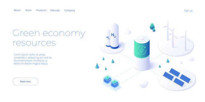 Electricity power generation in isometric vector deisgn. Alternative electric energy resources, ecosystem blockchain, solar panel smart grid, wind turbines. Web banner layout template