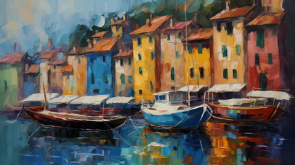 Fototapeta na wymiar Portofino taly oil paint impressionism art old houses sea boat in lagoone mediterranean sea old town,generated ai