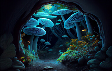 The Forest's Hidden Gems: Glowing Wild Mushrooms, Emerging from the Earth and Adorning the Forest Landscape with Their Unique Beauty, and Colors Adding a Touch of Whimsy to the Enchanted Wilderness
