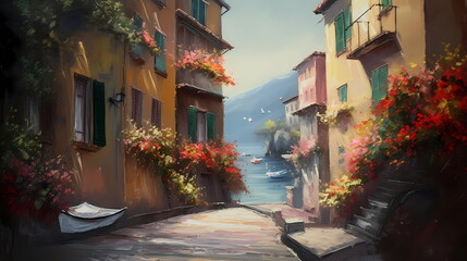   Portofino taly oil paint impressionism art  old houses sea boat in lagoone mediterranean sea old town,generated ai
