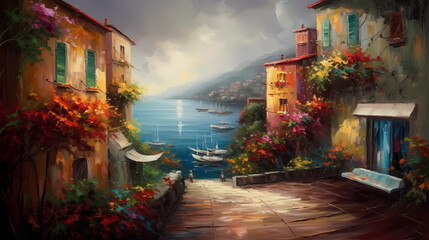   Portofino taly oil paint impressionism art  old houses sea boat in lagoone mediterranean sea old town,generated ai