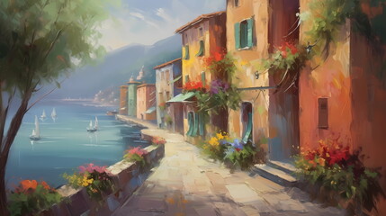   Portofino taly oil paint impressionism art  old houses sea boat in lagoone mediterranean sea old town,generated ai