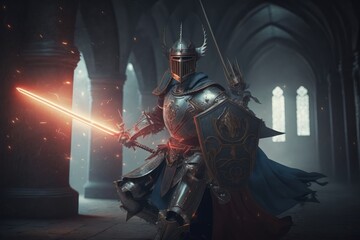 Naklejka premium Knight in armor with sword in a dark castle. Fantasy medieval scene. Generative AI illustration