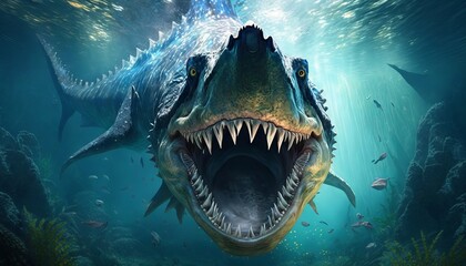 Tyrannosaurus Rex in deep blue ocean. Generative AI illustration.
