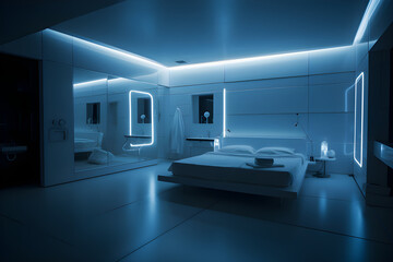 bedroom of futuristic house with white leds in the celling in white, Ai Generated.