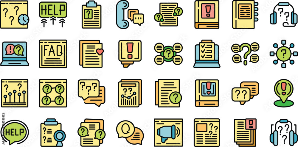 Poster faq page icons set outline vector. advice page. page online thin line color on white