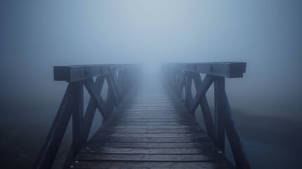 Fototapeta premium old wooden bridge leading to nowhere in the fog, broken, gloomy dark blue, mysterious, loneliness, pier in fog, bridge over the fog, horror