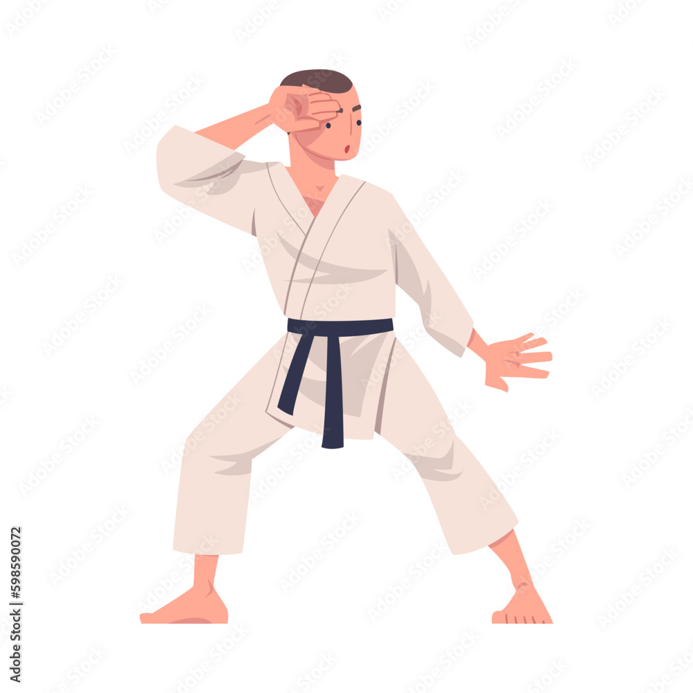 Wall mural Karate Man Wearing Kimono and Black Belt Practicing Martial Art Vector Illustration