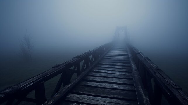 old wooden bridge leading to nowhere in the fog, broken, gloomy dark blue, mysterious, loneliness, pier in fog, bridge over the fog, Generative AI