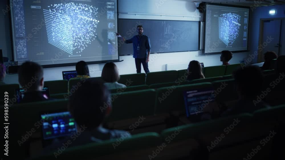 Poster young male teacher giving a data science lecture to diverse multiethnic group of female and male stu