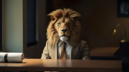 A portrait of a lion in a business suit at the office, Generative AI