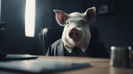 A portrait of a pig in a business suit at the office, Generative AI