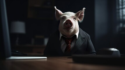 A portrait of a pig in a business suit at the office, Generative AI