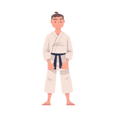Karate Man Wearing Kimono and Black Belt Practicing Martial Art Standing and Smiling Vector Illustration