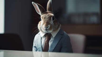 A portrait of a bunny in a business suit at the office, Generative AI