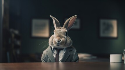 A portrait of a bunny in a business suit at the office, Generative AI