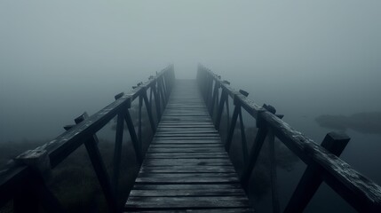 Obraz premium old wooden bridge leading to nowhere in the fog, broken, gloomy dark blue, mysterious, loneliness, pier in fog, bridge over the fog, horror, Generative AI